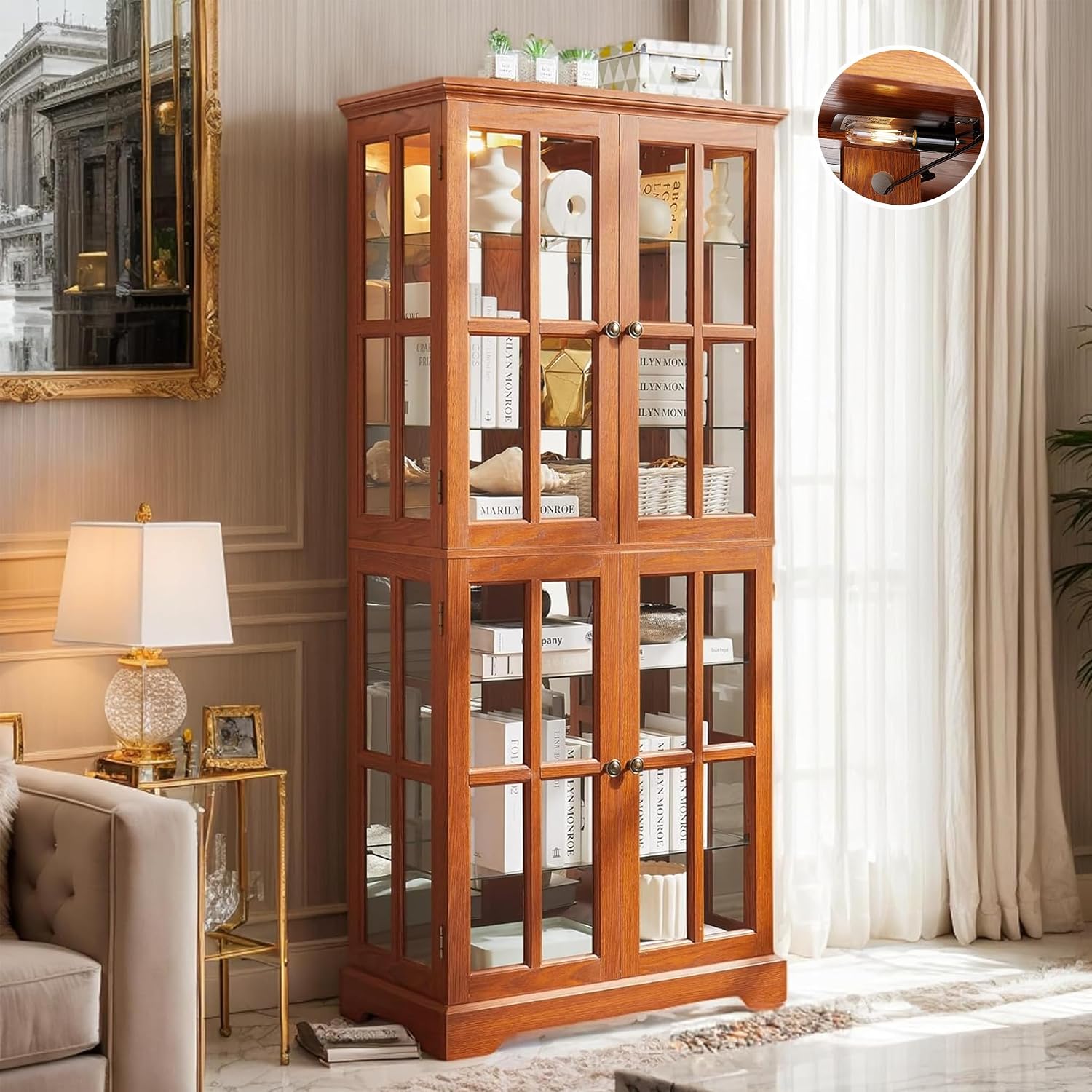 69" Lighted Display Cabinet with 4 Glass Doors, Tall Elegant Bookcase with Adjustable Shelves, Light Bulb Included, Wooden Storage Organizer Cabinet for Collectibles, Living Room (Dark Oak)
