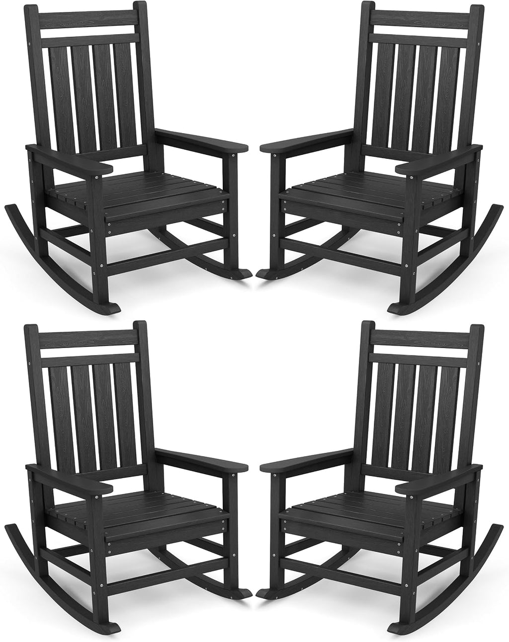 SERWALL Outdoor Rocking Chair Set of 4, HDPE Rocker for Adults, Black | 21.1" Widened Seat adds Extra Comfort, Oversized Rocking Chair for Adults, All Weather Porch Rocker for Lawn Garden