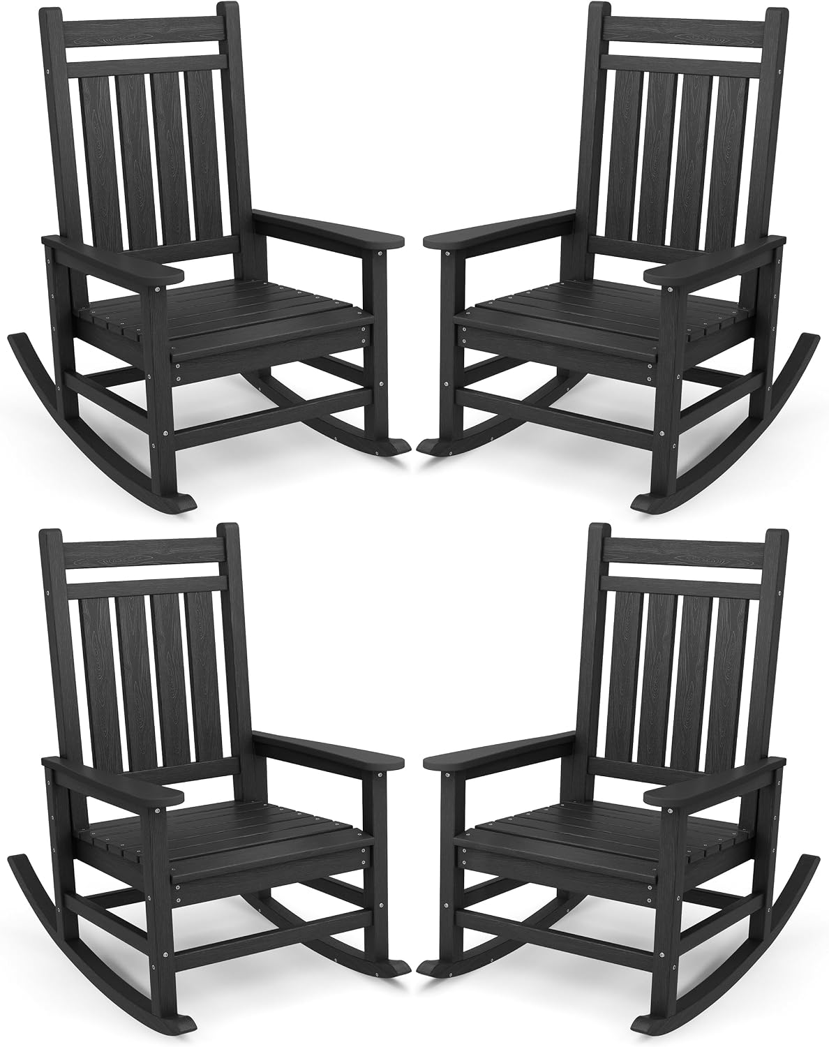 SERWALL Outdoor Rocking Chair Set of 4, HDPE Rocker for Adults, Black | 21.1" Widened Seat adds Extra Comfort, Oversized Rocking Chair for Adults, All Weather Porch Rocker for Lawn Garden