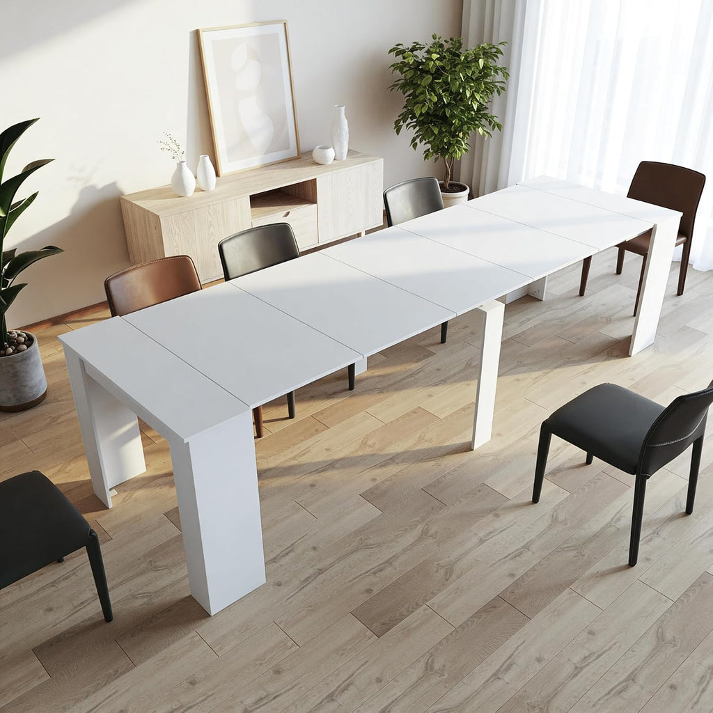 Transformer Table Expandable Dining Table - Modern White Rectangular Furniture, Up to 118.50 in for 6-10 People with Space Saving Design for Dining Area Family Gathering
