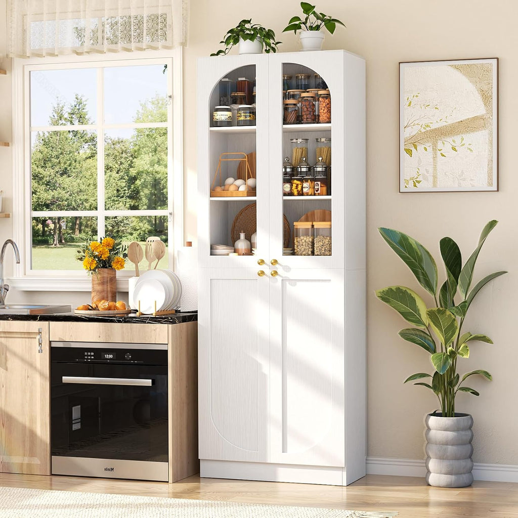 Cyclysio 80" Kitchen Pantry Cabinet with Tempered Glass & Soft Close Doors | Tall Arch Storage Cabinet, Freestanding Wood Floor Cupboard Bookcase with Seamless Fit Wall for Dining Living Room, Bathroom