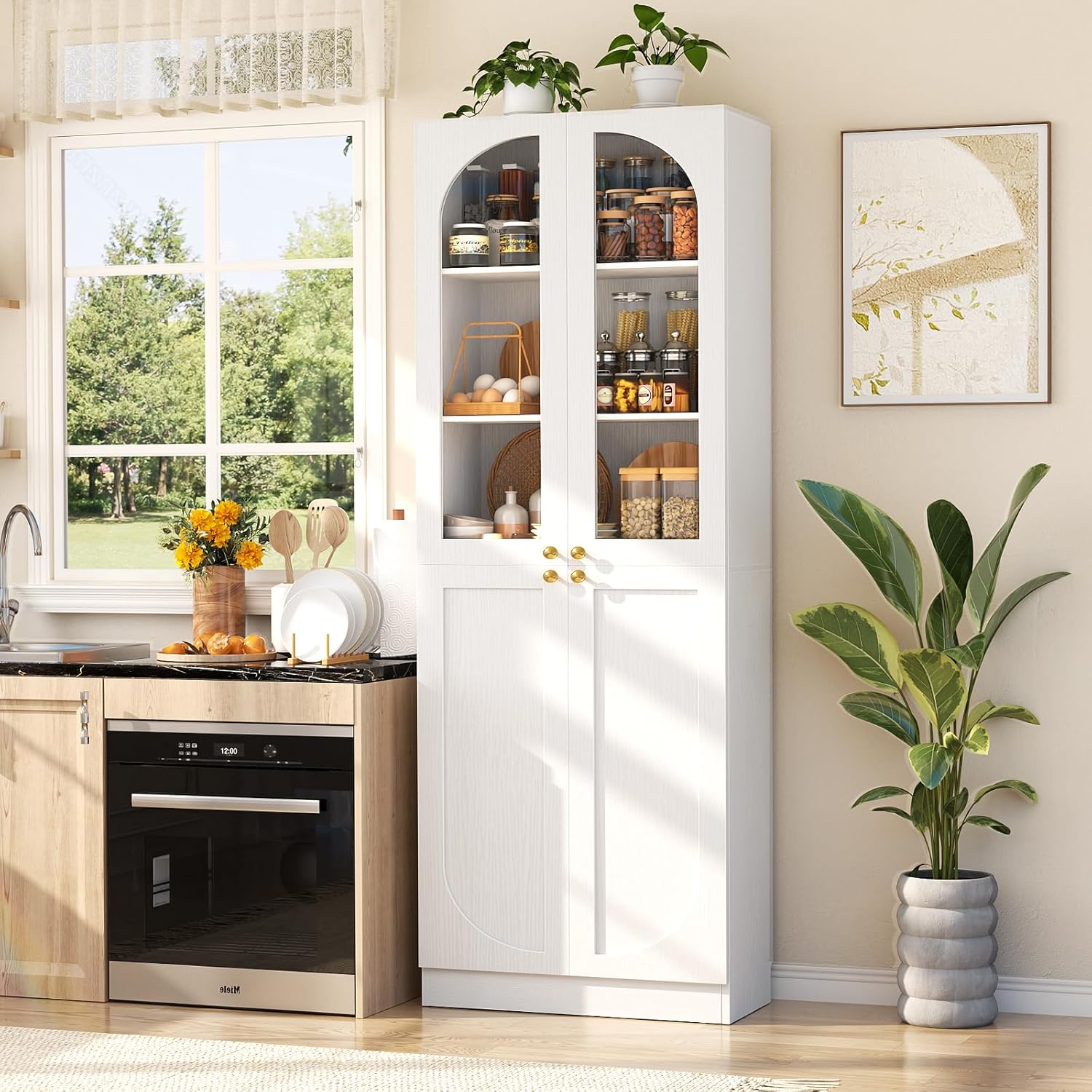 Cyclysio 80" Kitchen Pantry Cabinet with Tempered Glass & Soft Close Doors | Tall Arch Storage Cabinet, Freestanding Wood Floor Cupboard Bookcase with Seamless Fit Wall for Dining Living Room, Bathroom
