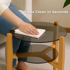 Round End Table, 2-Tier Tempered Glass Table Top Wooden Legs, Modern Side Tables Living Room 24” with Storage Shelf - Entryway Table, Bedroom Side Table, Nature
