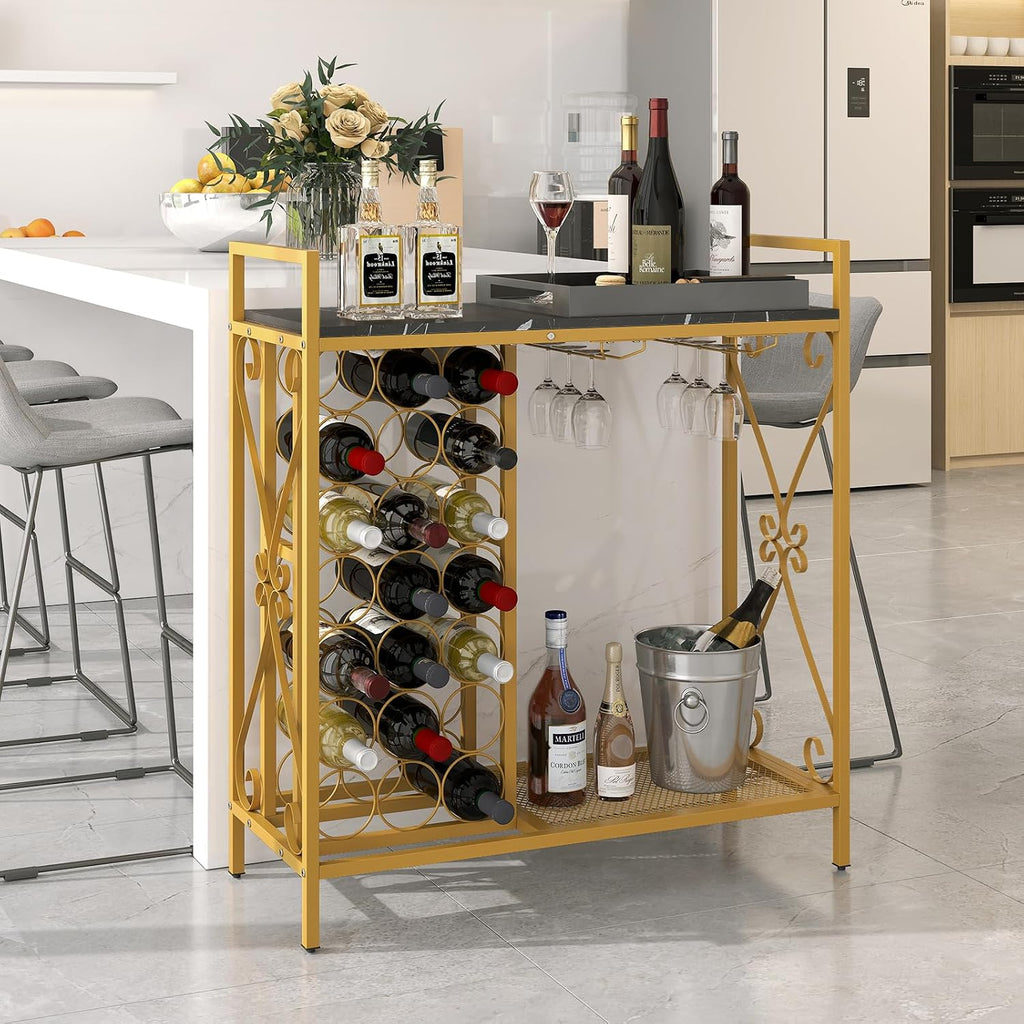 GOFLAME 21 Bottle Wine Rack, Freestanding Floor Wine Bottle Organizer w/Glass Holder & Wooden Countertop, Metal Frame Rustic Liquor Stand with Storage Shelf for Kitchen, Dining Room (Golden & Black)