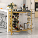 GOFLAME 21 Bottle Wine Rack, Freestanding Floor Wine Bottle Organizer w/Glass Holder & Wooden Countertop, Metal Frame Rustic Liquor Stand with Storage Shelf for Kitchen, Dining Room (Golden & Black)