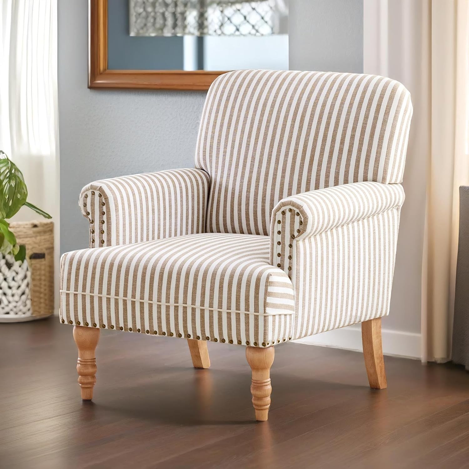 HUIMO Linen Fabric Accent Chair, Mid-Century Modern Armchair with Solid Wood Legs, Single Sofa Chair,Upholstered Reading Club Chair (1, Brown and White Stripe)