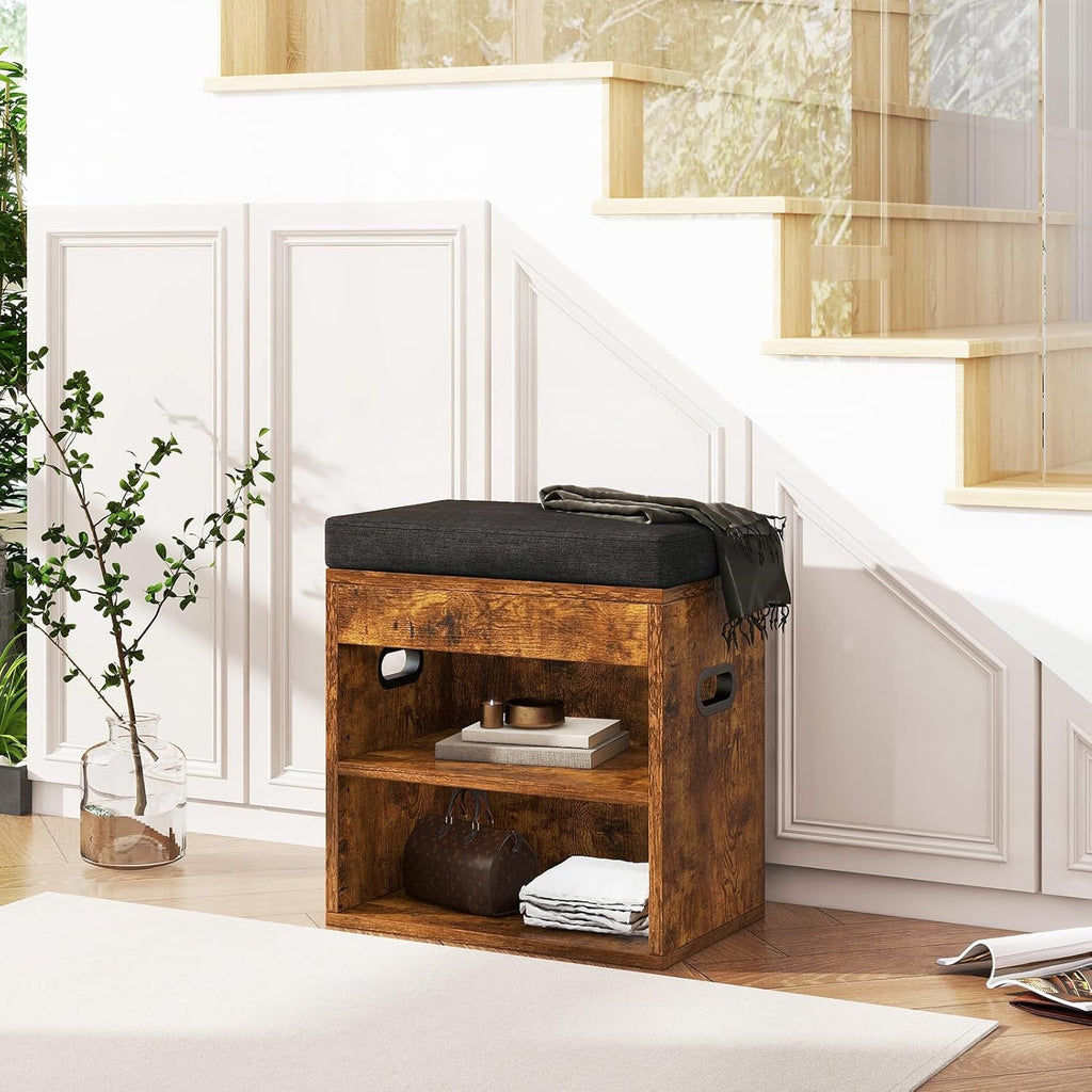 YMYNY Small Shoe Storage Bench with Cushion and Drawer, 2 Tier Adjustable Entryway Bench with Storage, Wooden Shoe Rack Bench for Entryway, Living Room, Hallway, Closet, Bedroom, Rustic Brown, HSC002H