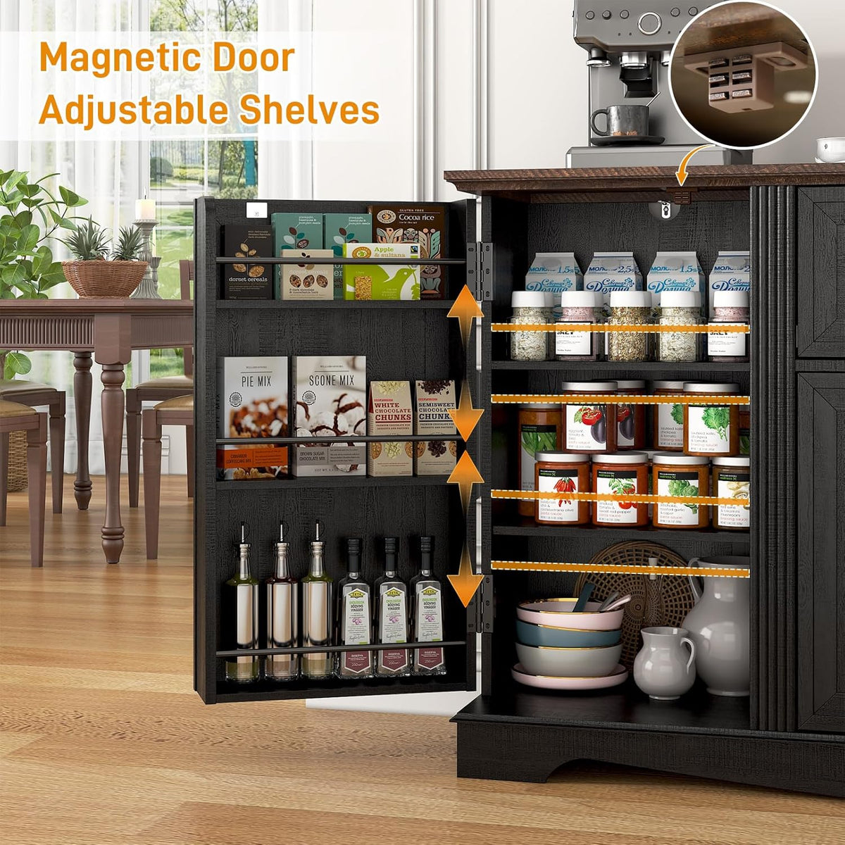 65" Sideboard Buffet Cabinet with Storage, Farmhouse Kitchen Pantries Sideboard Cabinets with Drawer, Wood Coffee Bar Cabinet with Adjustable Shelves, Storage Cabinets for Kitchen, Black