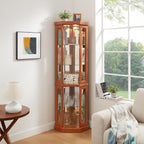 70" Lighted Corner Curio Cabinet, Wood China Display Case with Tempered Glass Doors & Adjustable Shelves, Light Bulb Included, Tall Wine Storage Rack for Bar and Liquor Storage (Dark Oak)