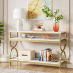 Tribesigns 3-Tier Console Table, 55 inch Sofa Table with Open Storage Shelves, Narrow Long Hallway/Entryway Table with Faux Marble Top for Home Living Room Entryway, White & Gold