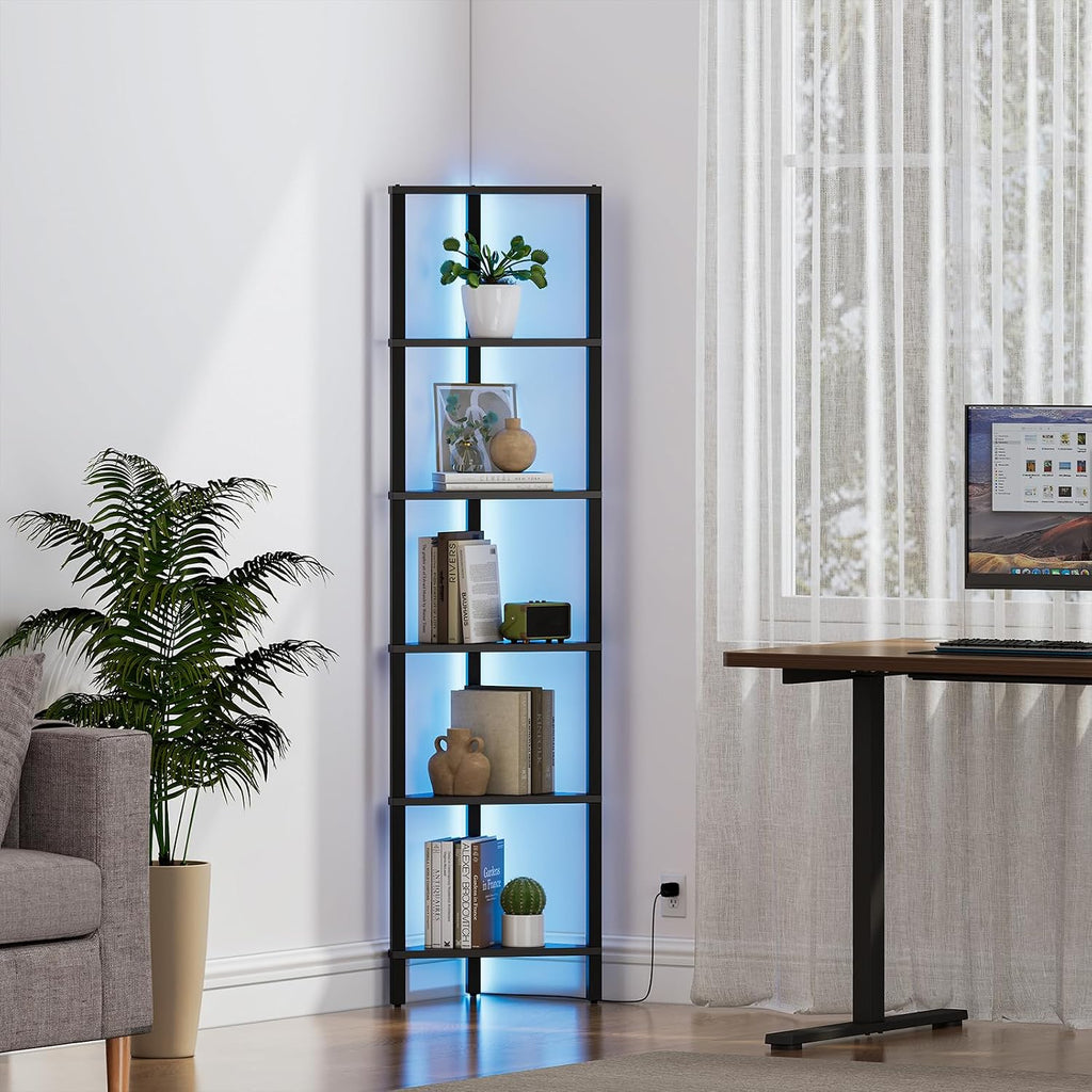TUTOTAK Corner Shelf with LED Light, 6-Tier Corner Bookshelf