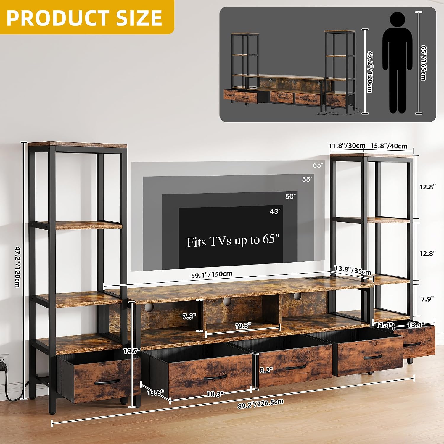 DWVO Industrial LED TV Stand for 65 Inch TVs, Entertainment Center with 2 4-Tier Bookshelves & Power Outlets, Media Console Table with 5 Drawers & Open Storage for Living Room, Rustic Brown