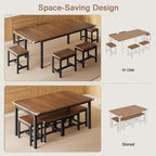 Einhomn 7-Piece Dining Table Set, 63" Extendable Kitchen Room Table with 6 Stools, Mid Century Modern Dinner Table with Metal Frame & MDF Board, Space-Saving, Easy Assembly, Walnut
