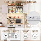 DreamDashio 73" Tall Pantry Cabinet with Charging Station & LED Light, Kitchen Pantry Storage Cabinet with Microwave Stand, Farmhouse Kitchen Hutch with 2 Storage Drawers and 6 Hooks for Dining Room