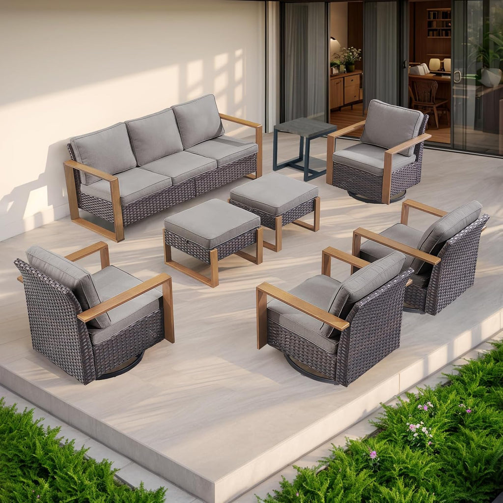 Rilyson Outdoor Couch Wicker Patio Sofa, Rattan Patio Furniture Sofa with Sturdy Frame,All-Weather PE Wicker,Wide Armrest,Deep Seating and Thick Cushions for Deck Porch Garden(Brown/Grey)