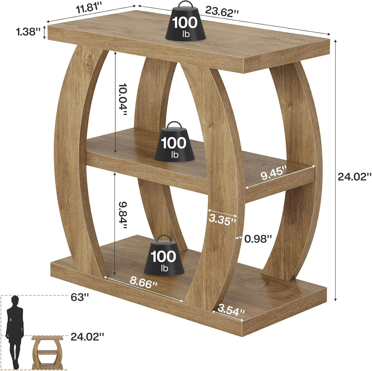 Tribesigns End Table for Living Room, 3-Tier Narrow Side Table with Storage, Farmhouse Wooden Beside Table with Geometric Frame, Tall Nightstand for Bedroom, Small Spaces, Natural Oak