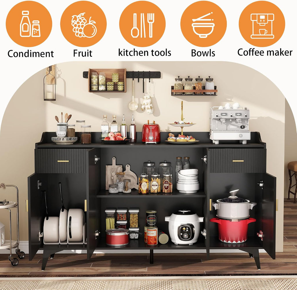 Sideboard Buffet Cabinet with Drawers: 63" Black Fluted Sideboard Cabinet with Storage, Modern Kitchen Cabinets Storage, Credenzas for Living Room(63")
