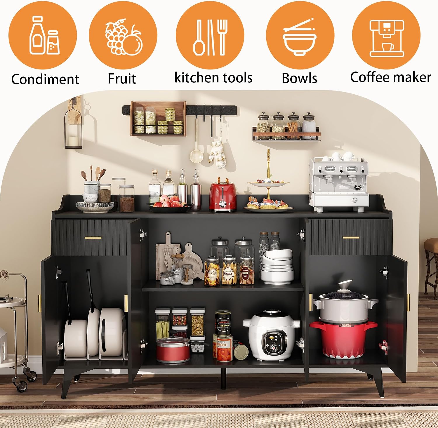 Sideboard Buffet Cabinet with Drawers: 63" Black Fluted Sideboard Cabinet with Storage, Modern Kitchen Cabinets Storage, Credenzas for Living Room(63")