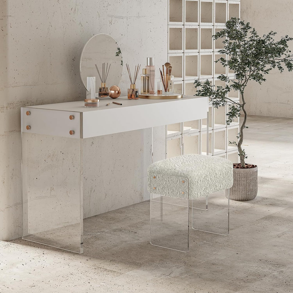 Vanity Stool Chair and Pouf Ottoman-Modern Multifunctional Vanity Stool and Foot Rest with Wool and Acrylic Leg for Makeup Room, Living Room, Bedroom