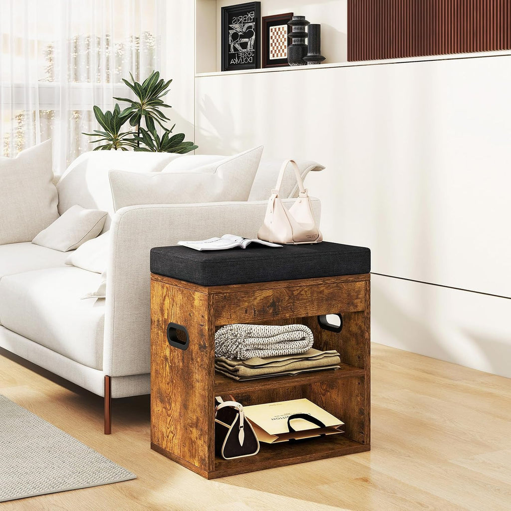 YMYNY Small Shoe Storage Bench with Cushion and Drawer, 2 Tier Adjustable Entryway Bench with Storage, Wooden Shoe Rack Bench for Entryway, Living Room, Hallway, Closet, Bedroom, Rustic Brown, HSC002H