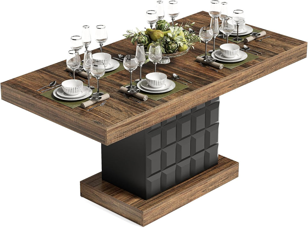 LITTLE TREE 63" Modern Dining Table, Rectangular Dinner Table for 4-6, Farmhouse Kitchen Table, Sturdy Wood Pedestal Base for Kitchen/Dining Room, Rustic Brown & Black