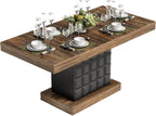 LITTLE TREE 63" Modern Dining Table, Rectangular Dinner Table for 4-6, Farmhouse Kitchen Table, Sturdy Wood Pedestal Base for Kitchen/Dining Room, Rustic Brown & Black