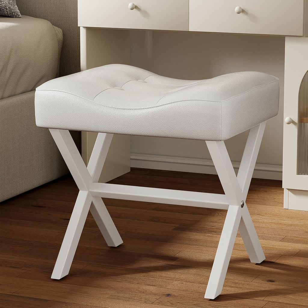 Memobarco 18-Inch Large Leather Vanity Stool, Vanity Chair with Metal X-Leg, Ottoman Accent Stool with Thick Padded Saddle Seat, White