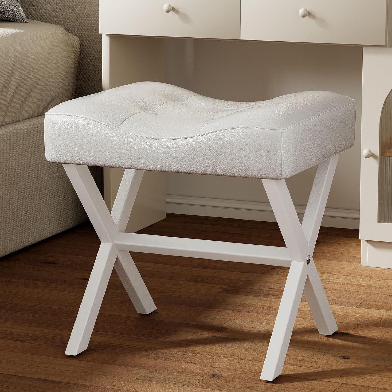 Memobarco 18-Inch Large Leather Vanity Stool, Vanity Chair with Metal X-Leg, Ottoman Accent Stool with Thick Padded Saddle Seat, White