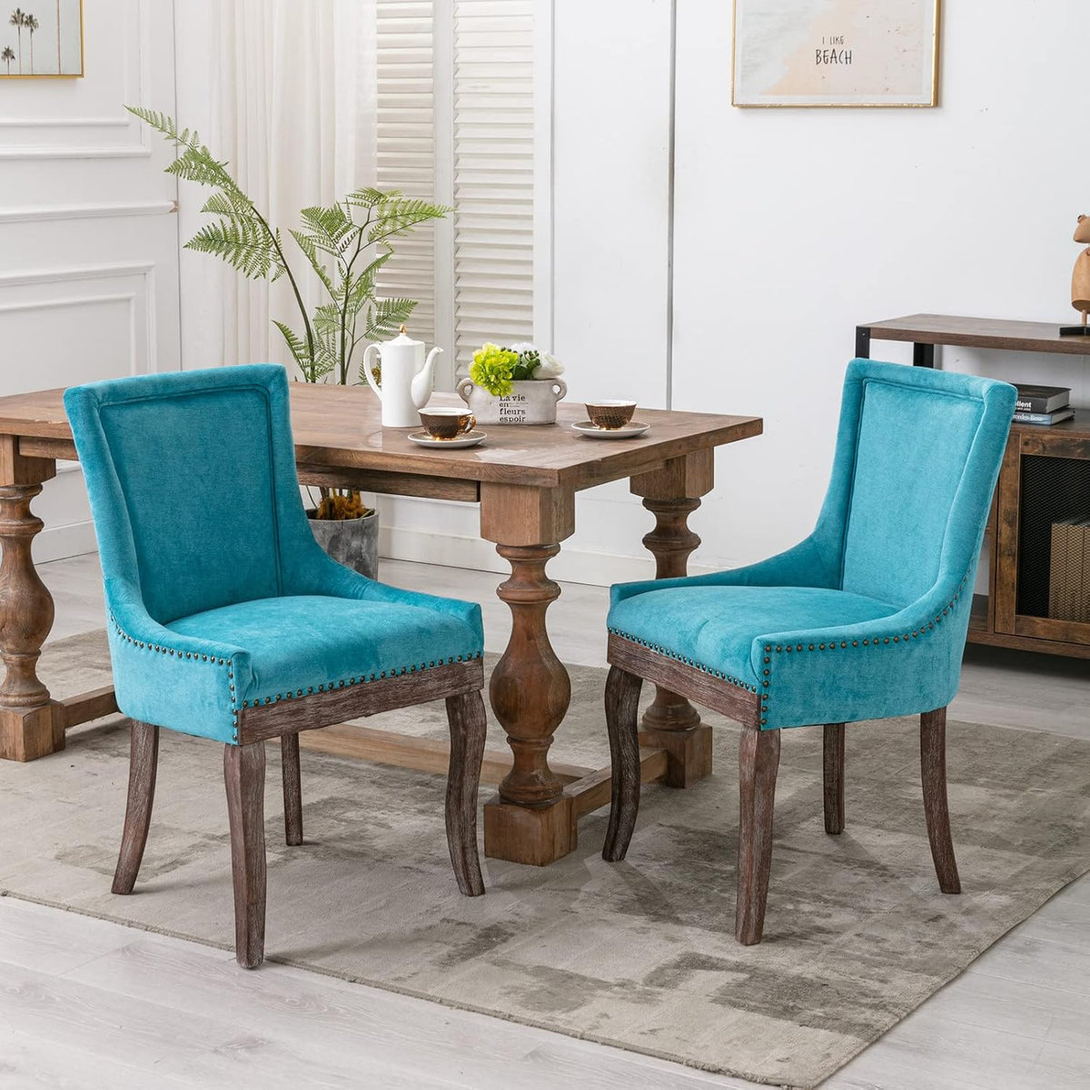 Ball & Cast Mid-Century Upholstered Dining Chairs Set of 2, Thickened Fabric Wingback Kitchen Chairs with Bronze Nail Head & Toned Solid Wood Legs, Blue