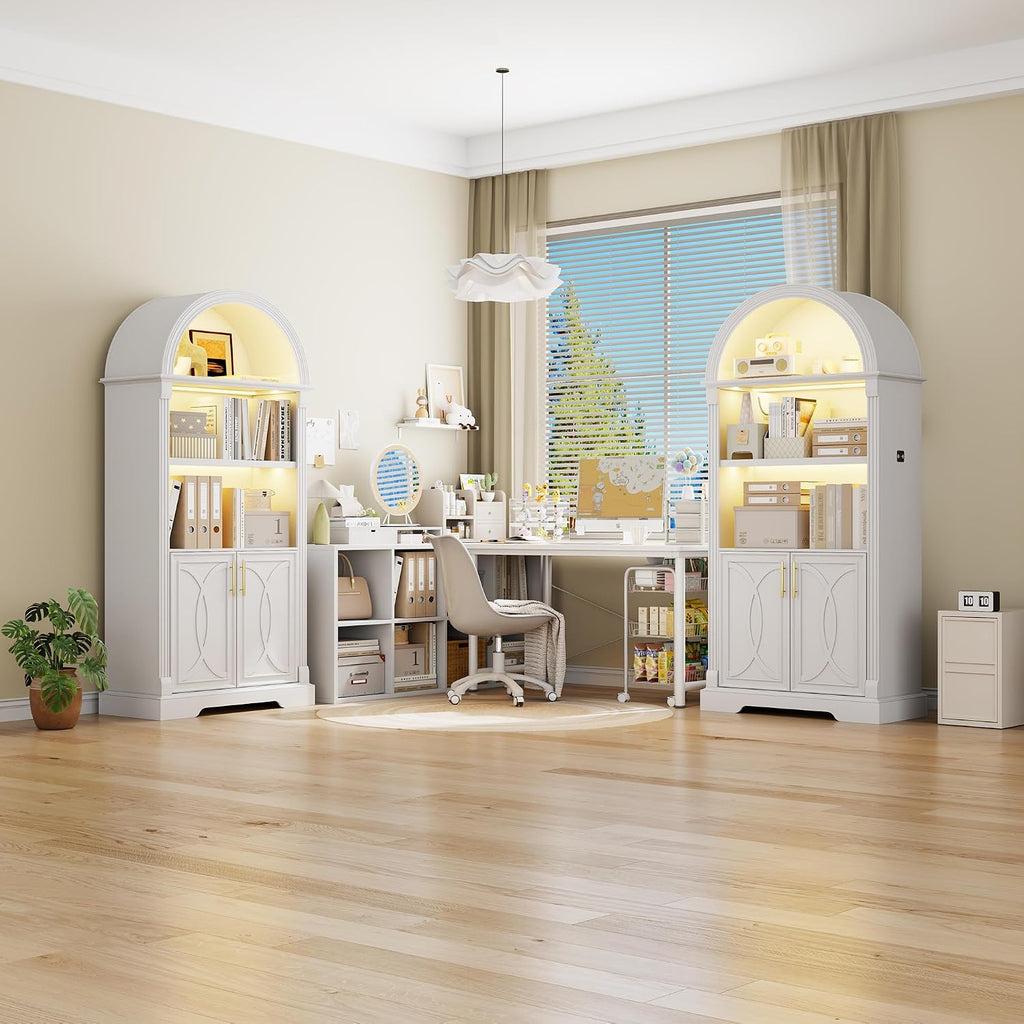 Vlsrka Kitchen Pantry Storage Cabinets with Adjustable Shelves, 71" Tall | Arched Wooden Cabinet with Doors, 3 Colors LED Lights, Motion Sensor, Freestanding, for Living/Dining Room, White