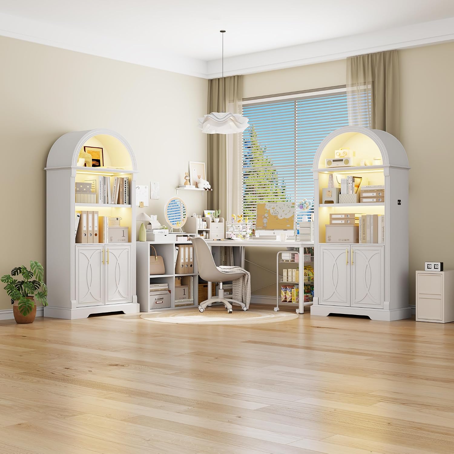 Vlsrka Kitchen Pantry Storage Cabinets with Adjustable Shelves, 71" Tall | Arched Wooden Cabinet with Doors, 3 Colors LED Lights, Motion Sensor, Freestanding, for Living/Dining Room, White