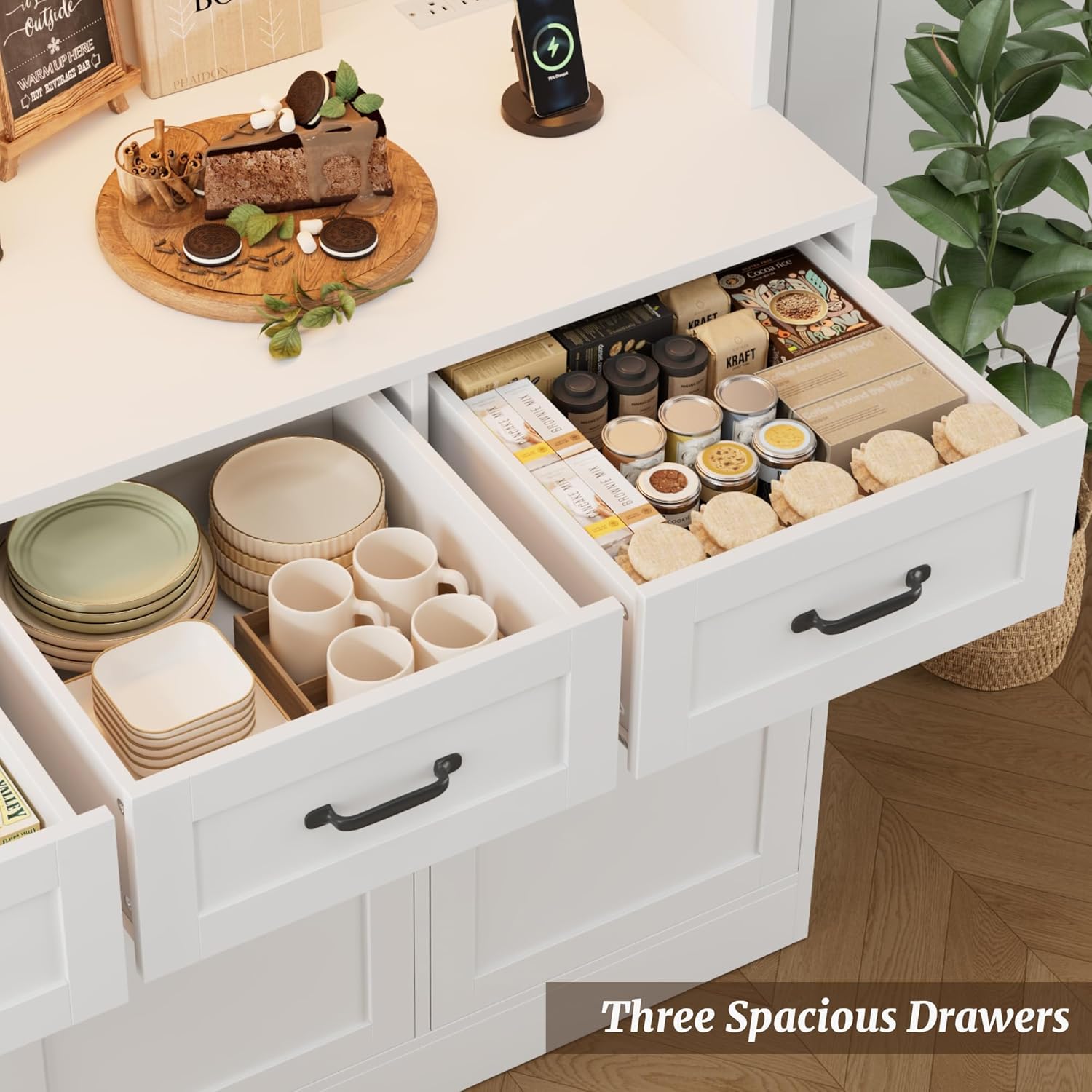 HOSTACK Kitchen Pantry Storage Cabinet, Tall Kitchen Hutch Cabinet, White | 47"W Food Pantry Cabinet with Smart LED / Charging Station / Countertop / 3 Large Drawers, 72"H Storage Hutch, Dining Room
