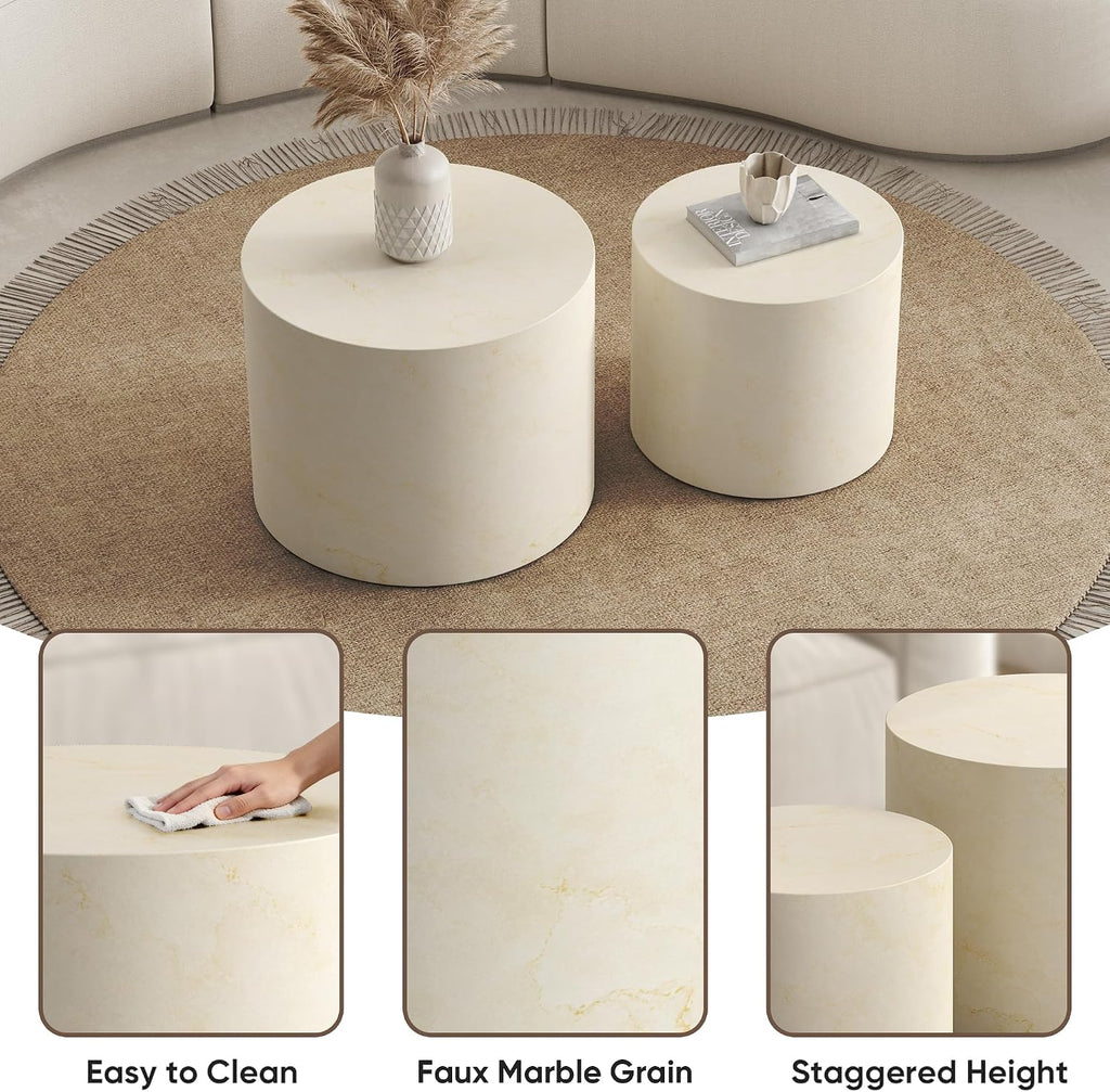 Nesting Round Coffee Table Set of 2, Accent End Table for Small Spaces, Morden Drum Side Table, Wooden Circle Center Table for Living Room, Fully Assembled - Faux Marble