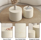 Nesting Round Coffee Table Set of 2, Accent End Table for Small Spaces, Morden Drum Side Table, Wooden Circle Center Table for Living Room, Fully Assembled - Faux Marble