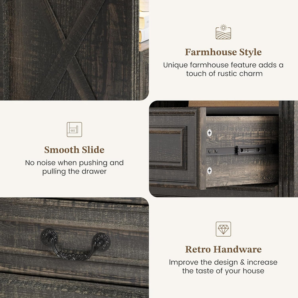 Nightstand Set 2 with Gun Drawer, Farmhouse Night Stand with LED Lights and Human Sensor, Bedside Table with Open Shelf, End Table with Storage Drawers for Bedroom, Rustic Borwn