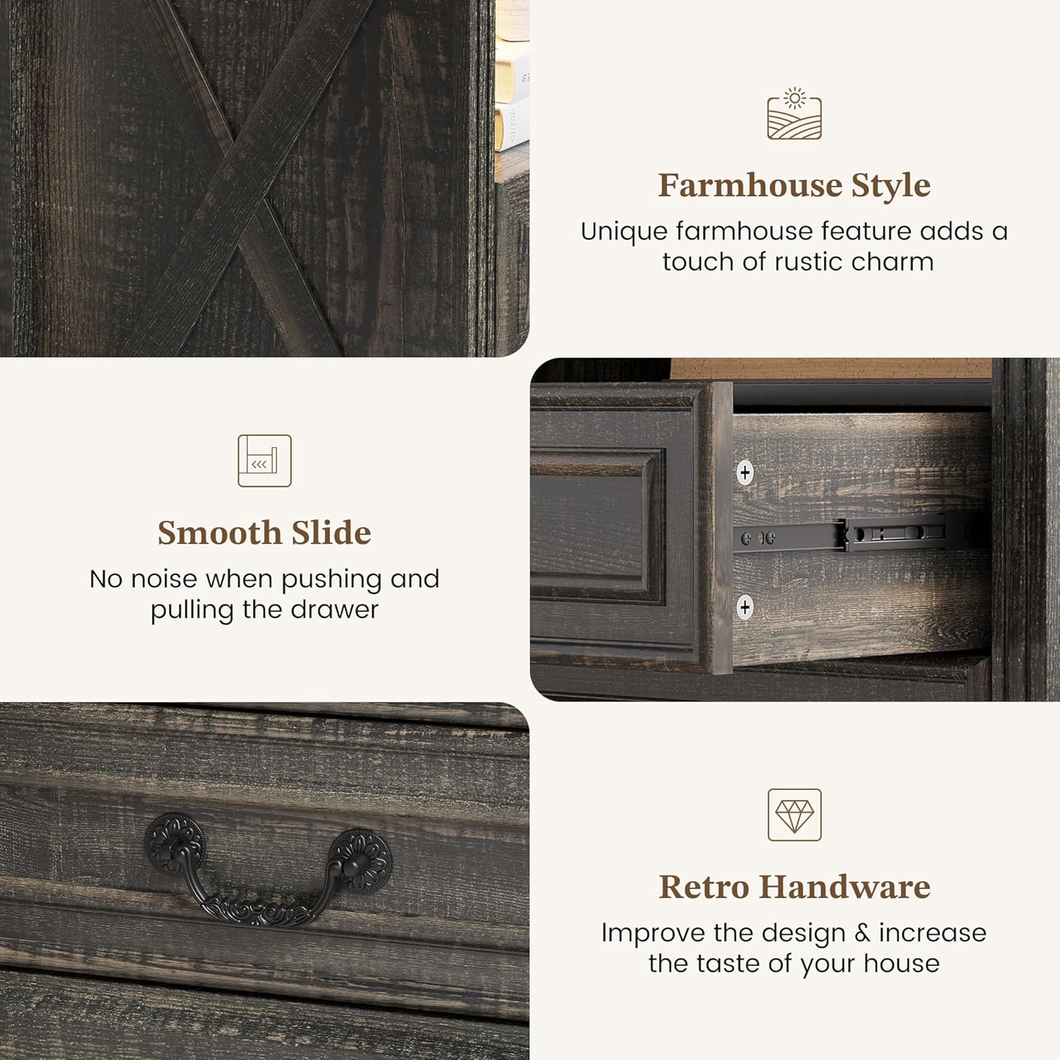 Nightstand Set 2 with Gun Drawer, Farmhouse Night Stand with LED Lights and Human Sensor, Bedside Table with Open Shelf, End Table with Storage Drawers for Bedroom, Rustic Borwn