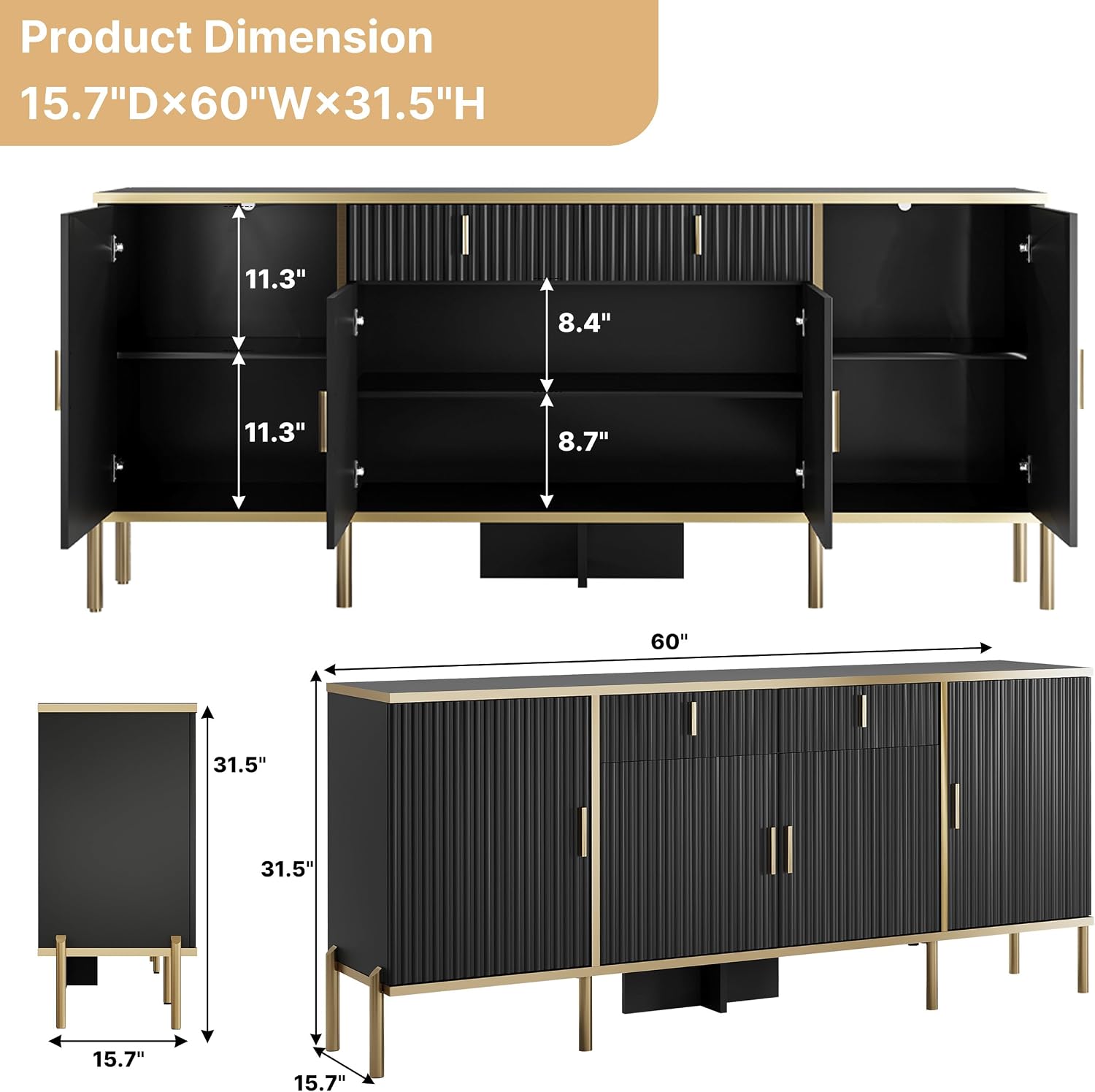 oneinmil 60” Modern Sideboard Buffet Cabinet, Fluted Storage Sideboard with Adjustable Shelves & Pop-Up Doors, Multifunctional Accent Cabinet for Kitchen, Living Room, Hallway, Black and Gold
