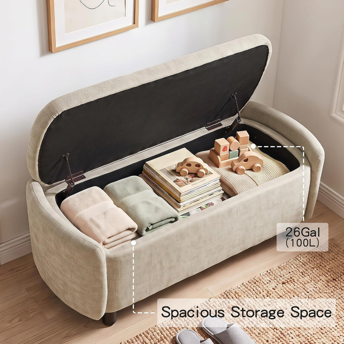 Furniliving 46.5‘’ Chenille Storage Bench, Button-Tufted Upholstered Storage Ottoman Bench with Safety Hinge, End of Bed Bench for Bedroom Entryway Living Room, Camel
