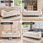 63" Storage Ottoman Bench, End of Bed Ottoman with Storage, Large Ottomans for Foot of Bed with Gold Legs and Removable Pillows for Entryway, Living Room, Teddy Cream White