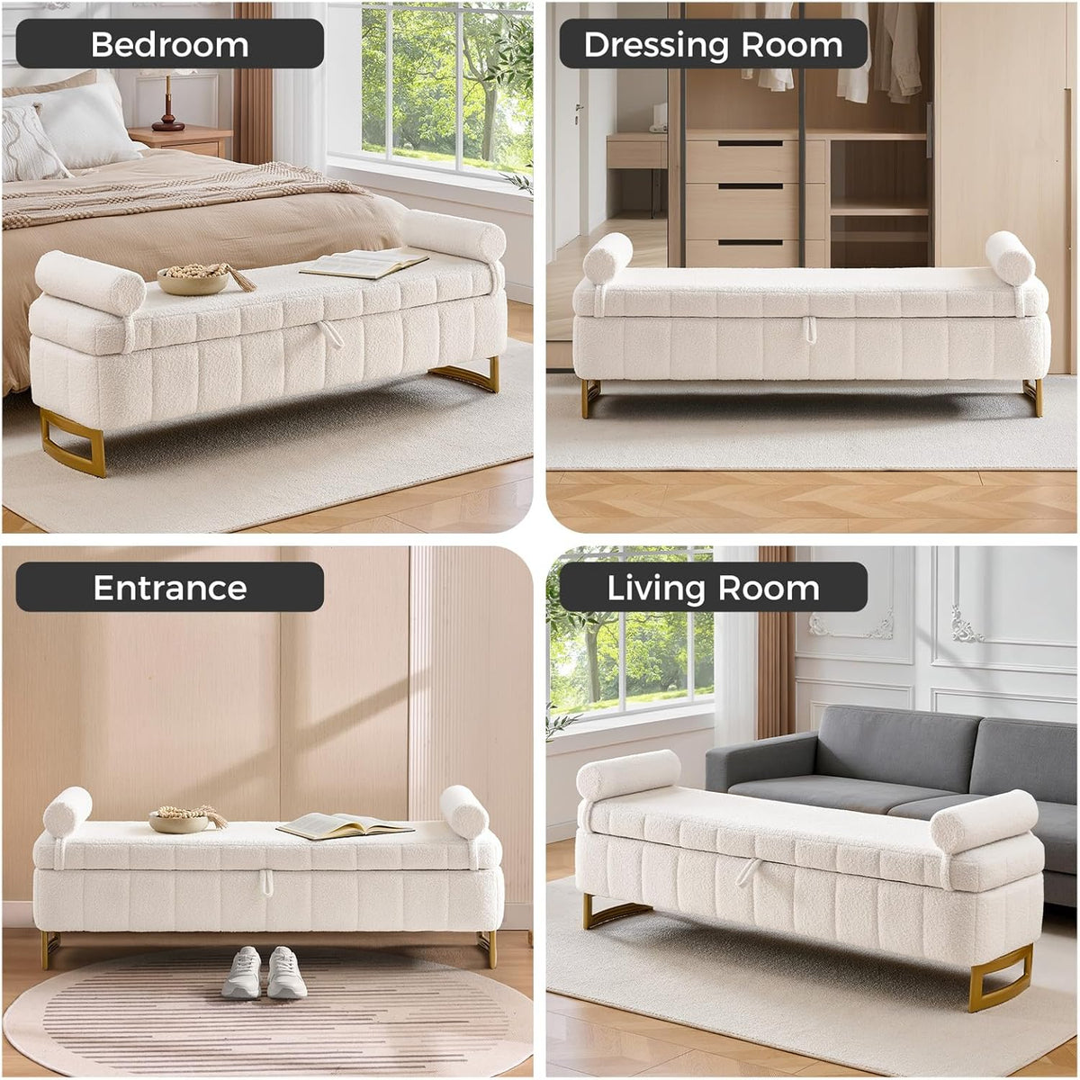 63" Storage Ottoman Bench, End of Bed Ottoman with Storage, Large Ottomans for Foot of Bed with Gold Legs and Removable Pillows for Entryway, Living Room, Teddy Cream White
