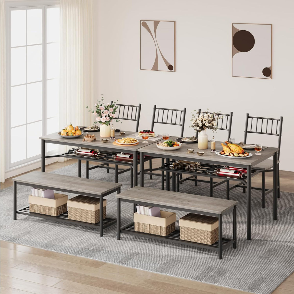 Garvee Dining Table Set for 4 with Bench and Chairs, 4-Piece Kitchen Table Set with Storage – Space-Saving Dining Table for Apartments and Dining Rooms, Gray