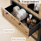 71" Tall Kitchen Pantry Cabinet - Modern Display Storage Cabinet with 2 Large Drawers, Glass Doors, and Adjustable Shelves, Kitchen Cupboard for Dining Room, Bathroom, Living Room, Black + Brown
