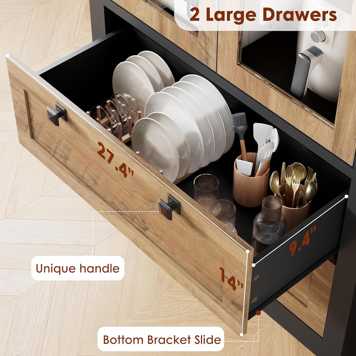 71" Tall Kitchen Pantry Cabinet - Modern Display Storage Cabinet with 2 Large Drawers, Glass Doors, and Adjustable Shelves, Kitchen Cupboard for Dining Room, Bathroom, Living Room, Black + Brown