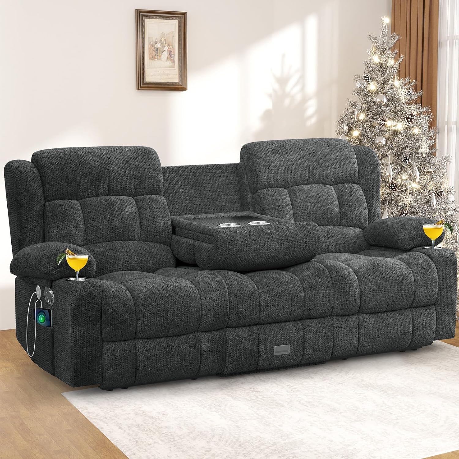 Loveseat Recliner Sofa, 3 Seater Minimalist Style Reclining Loveseat with Flip Back Console, USB Charge Ports, Cup Holders, Recliner Love Seat Couches for Living Room, RV, Gray