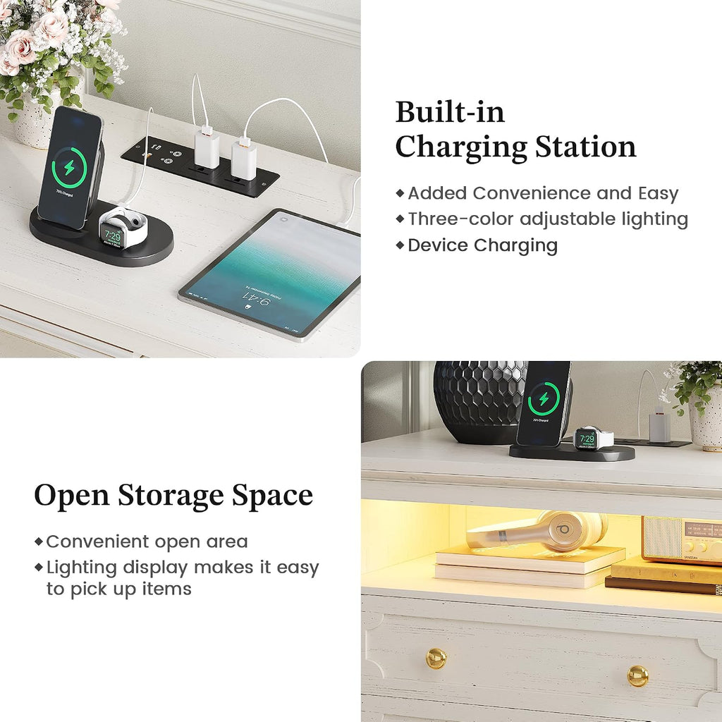 FREDEES 28'' Large Night Stand with Charging Station & LED Light | Bedside Table w/ Outlet, 3-Color Lights, Solid Wood Legs, End Tables Bedroom Livingroom, Farmhouse Natural Wood