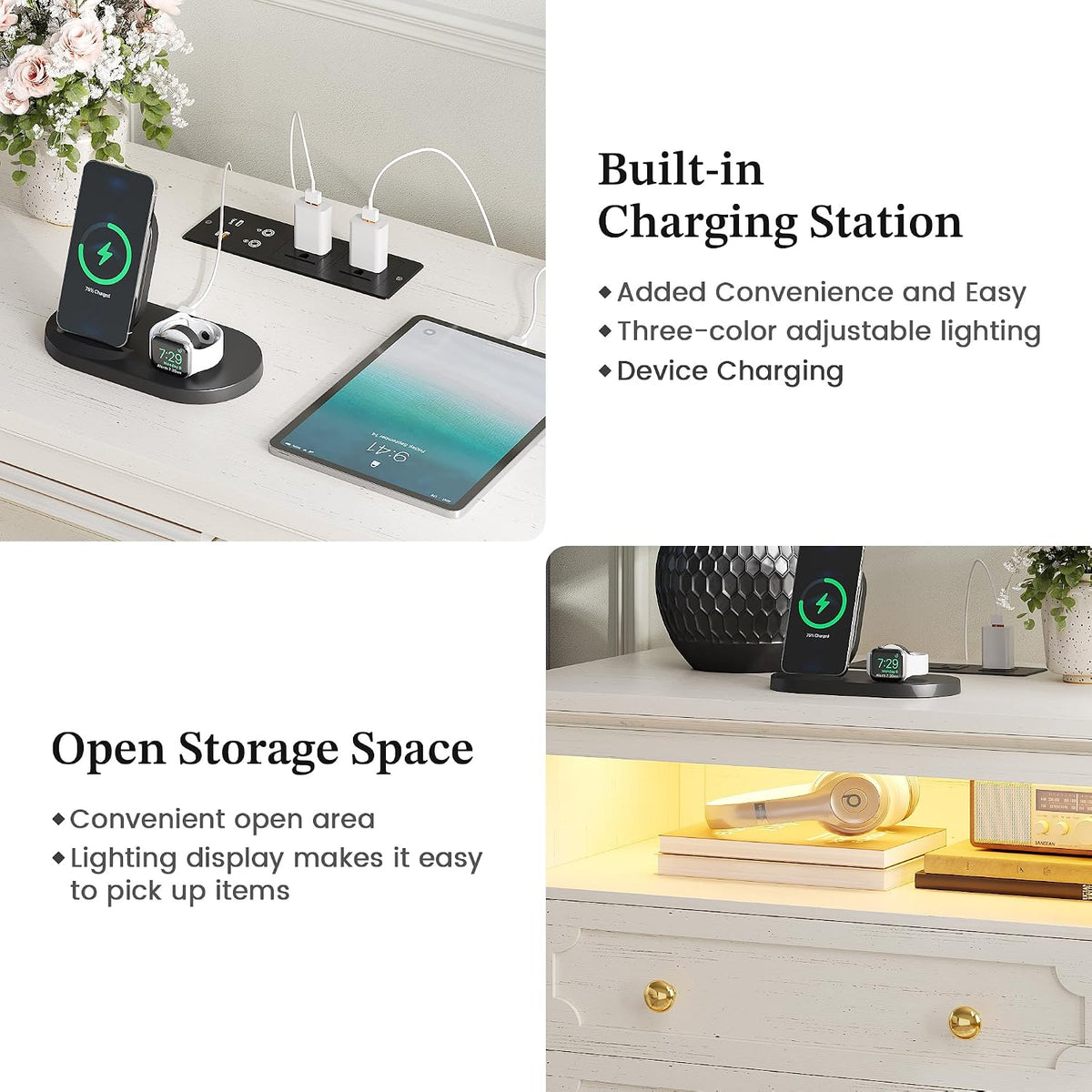 FREDEES 28'' Large Night Stand with Charging Station & LED Light | Bedside Table w/ Outlet, 3-Color Lights, Solid Wood Legs, End Tables Bedroom Livingroom, Farmhouse Natural Wood