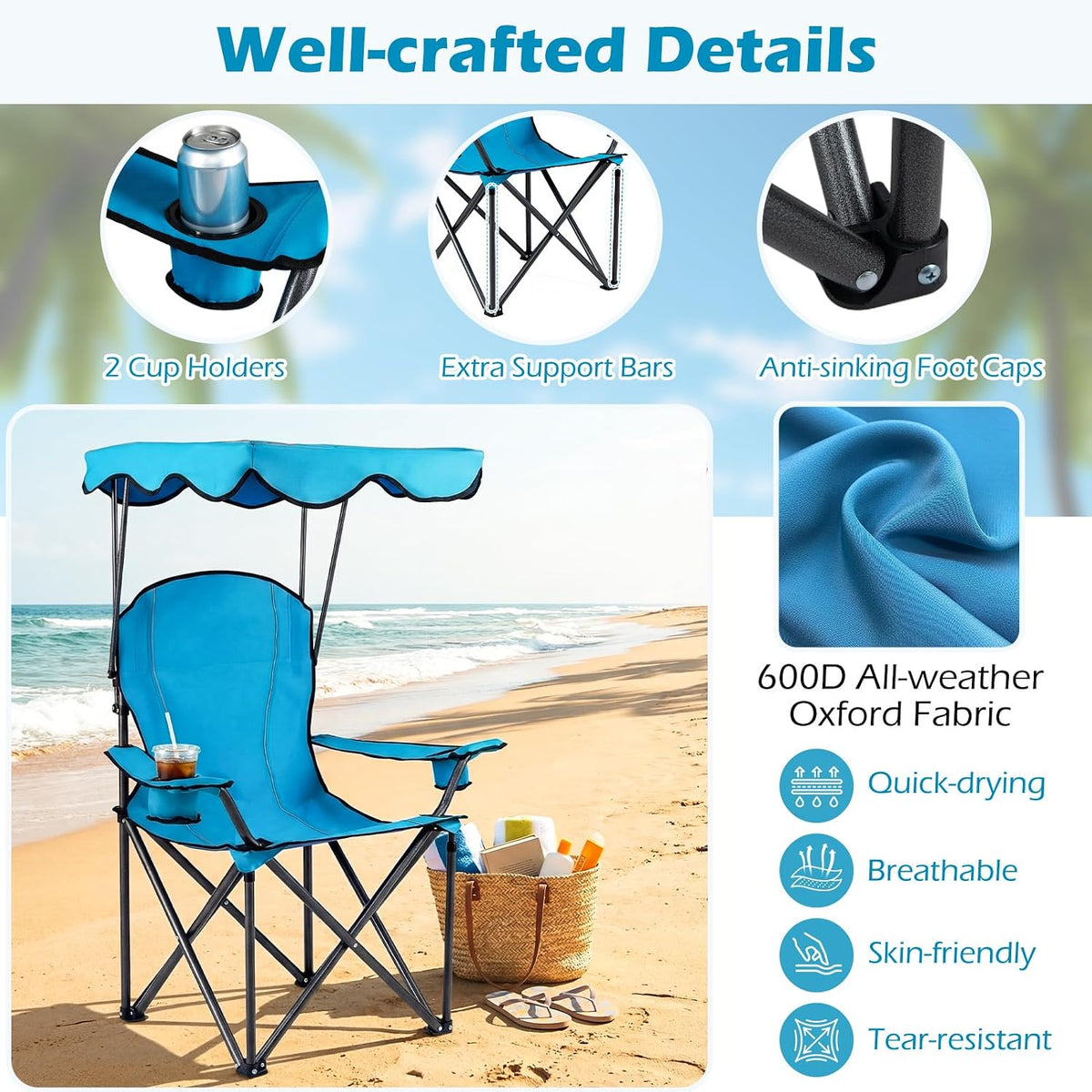 Goplus Camping Chair with Canopy Shade, Folding Lawn Chair with Umbrella Cup Holder & Carry Bag, Portable Sunshade Chair for Adults for Beach Outdoor Travel Hiking Fishing (Light Blue)