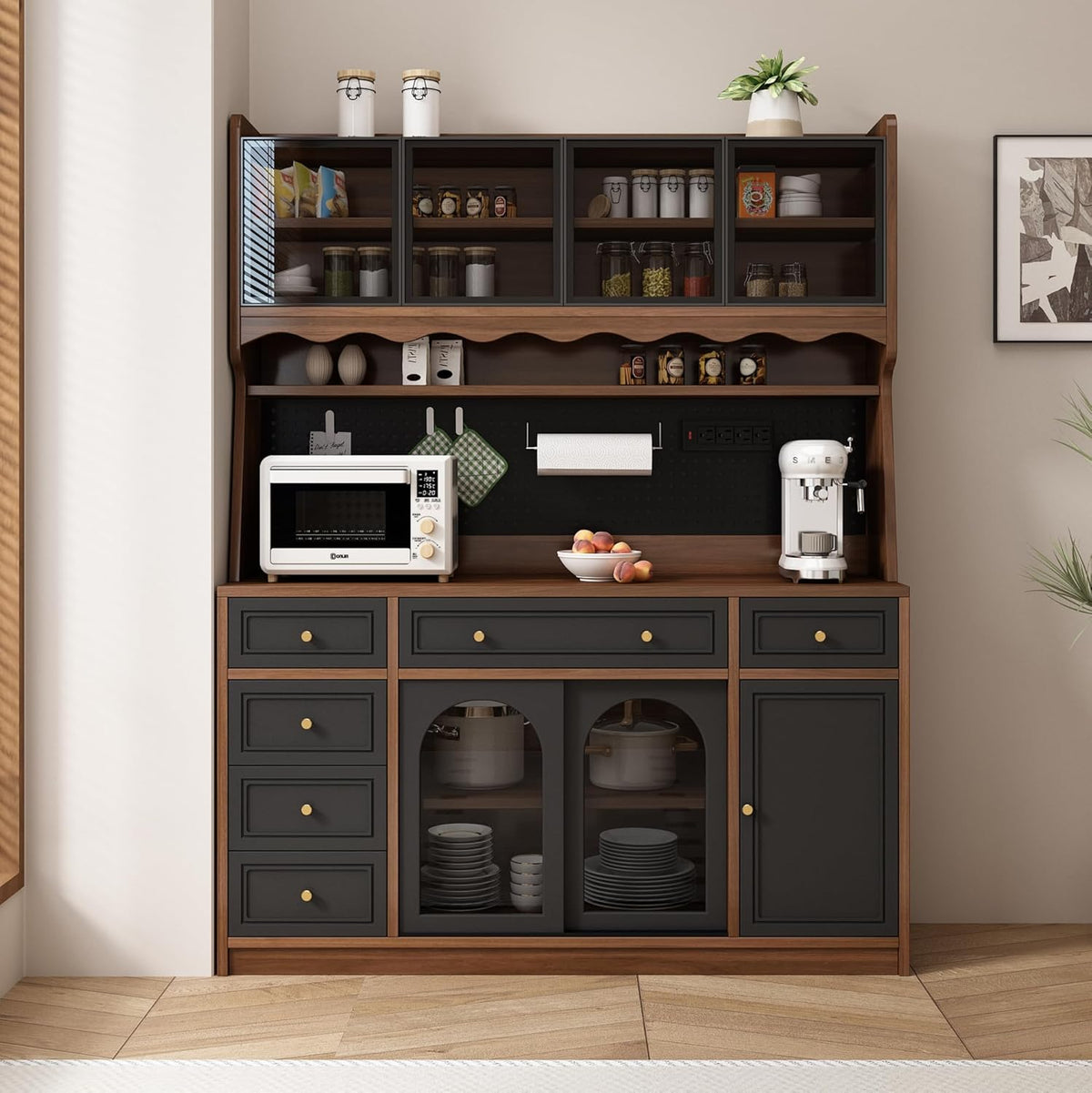 63" Tall Storage Cabinet Coffee Bar Cabinet:with Adjustable Shelves | 63"Tall Kitchen Storage Cabinet:with Hutch,Coffee Bar Cabinet with Drawers,Kitchen Pantry Cabinet with Shelves,Power Outlet