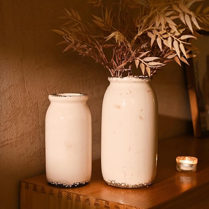 VICTOR & TERESA Rustic White Vase for Home Decor, Ceramic Vases for Flowers, Modern Farmhouse Decorative Vases for Pampas Grass,Table Accent, Mantel, Living Room,Bookshelf, Centerpieces, 8''