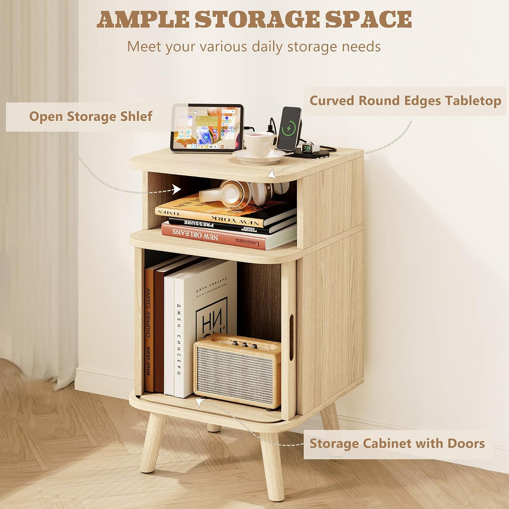 Alohappy Fluted Nightstands Set of 2 with Charging Station, Mid Century Modern Bedside Tables with Sliding Tambour Doors, Curved Wood End Table with Storage for Bedroom, Living Room, Natural Oak